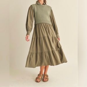 NWT &MERCI OLIVE GREEN MIDI DRESS WITH SWEATER VEST